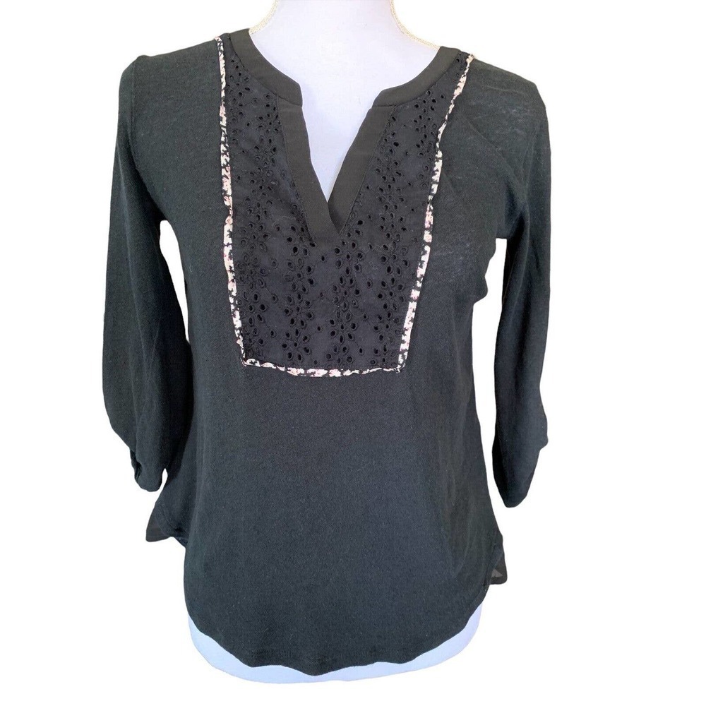 Anthropologie Meadow Rue XS Top Shirt Black Tab Roll Sleeves V-Neck Eyelet Lace